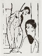 Artist and female modell - woodcut